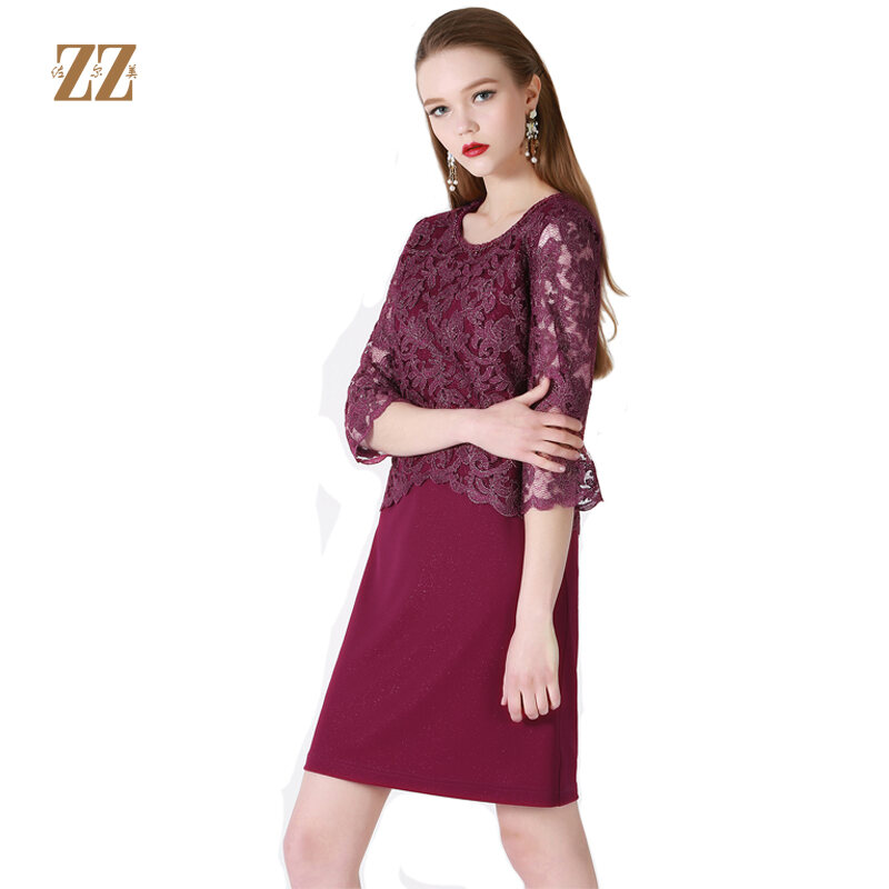 Zormei New Spring and Autumn Women's Clothing Solid Color Lace Printing Slim Fit Slimming Stitching Half Sleeve Dress E71ll26