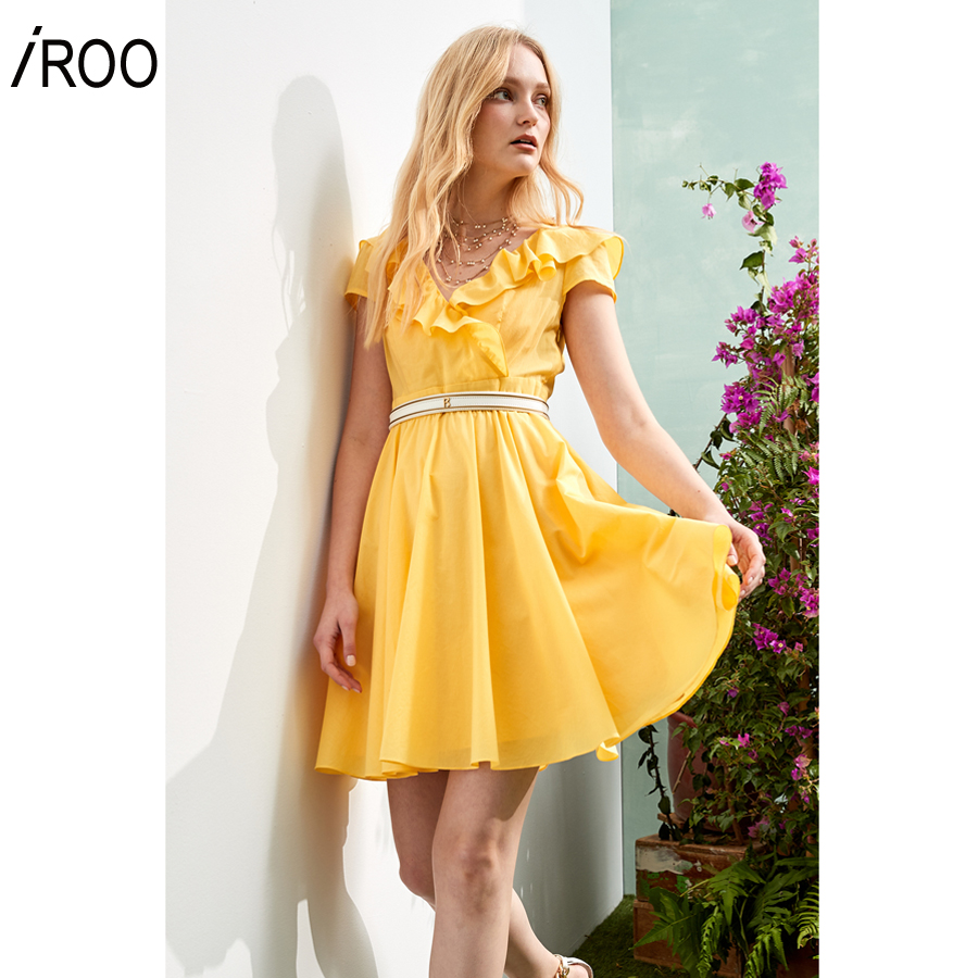 iROO Woman Clothing Yellow Short Dress With Ruffle Neckline Detail