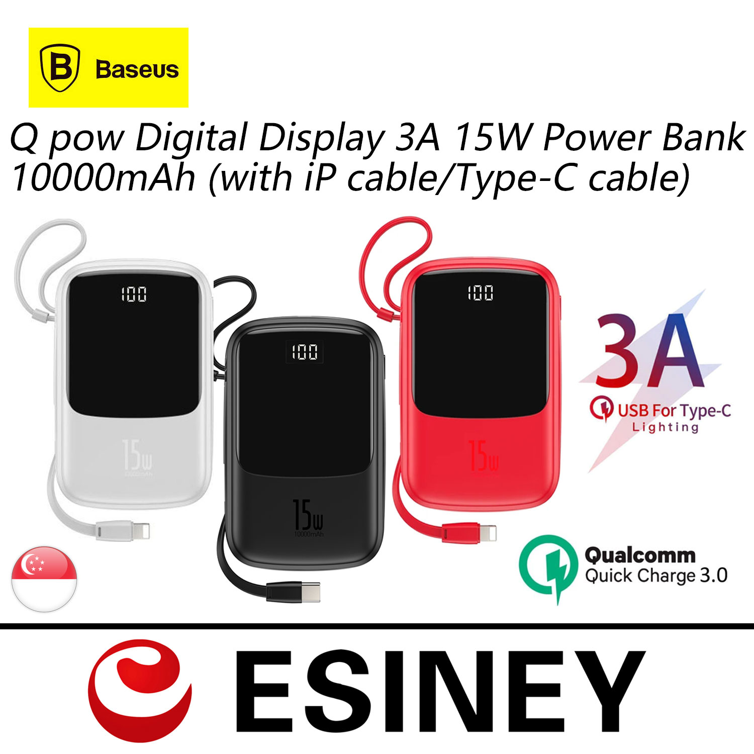 Baseus Qpow 10000mAh/2000mAh  Power Bank Fast Charging Dual USB Ports Digital Display Built in Cable-Type-C / IP Cable 15w/20w/22.5w