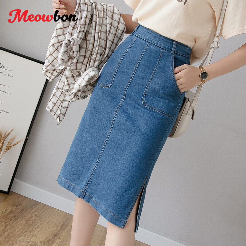 Plus Size High Waist Stretchy Below Knee Split Hem Sheath Denim Skirts for Women S M L XL XXL XXXL 4XL 5XL