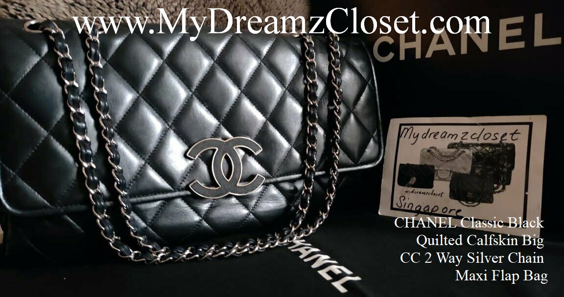 CHANEL Classic Black Quilted Calfskin Big CC 2 Way Silver Chain Maxi Flap Bag