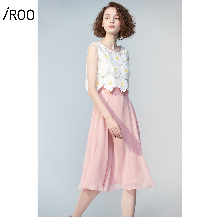 iROO Woman Clothing Dress With Cutwork Embroidery Polyester Multi Evening Party