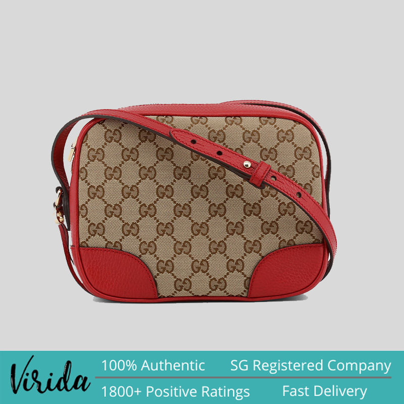 Gucci Red Leather Beige Canvas GG BREE Crossbody Camera Bag 449413