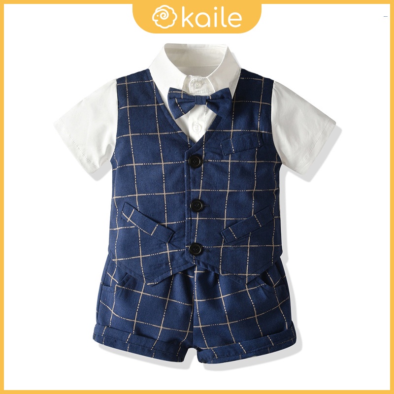 MUGE [2022 New Style] 1-6 Years Old/Boys Short-Sleeved Suit/Korean Version Gentleman Three-Piece Suit/Checked Vest/Bow Tie White Shirt/Birthday Party Dress/kaile Children's Clothing